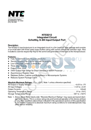 NTE8212 datasheet - Integrated Circuit Schottky, 8-Bit Input/Output Port