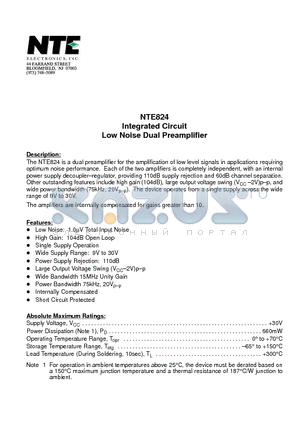 NTE824 datasheet - Integrated Circuit Low Noise Dual Preamplifier