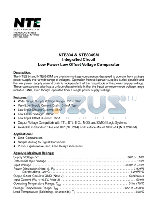NTE834 datasheet - Integrated Circuit Low Power Low Offset Voltage Comparator