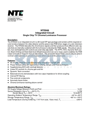 NTE844 datasheet - Integrated Circuit Single Chip TV Chroma/Luminance Processor