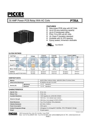 PTRA1A-120T-1 datasheet - 30 AMP Power PCB Relay With AC Coils