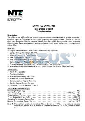 NTE832SM datasheet - Integrated Circuit Tone Decoder