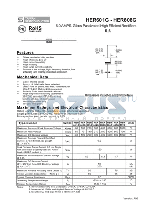 HER604G datasheet - 6.0 AMPS. Glass Passivated High Efficient Rectifiers