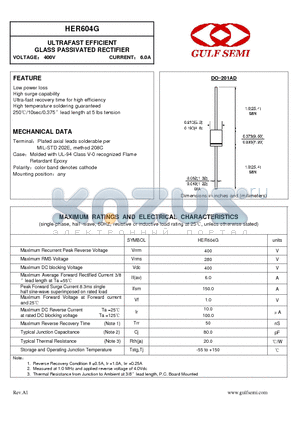 HER604G datasheet - ULTRAFAST EFFICIENT GLASS PASSIVATED RECTIFIER VOLTAGE 400V CURRENT 6.0A