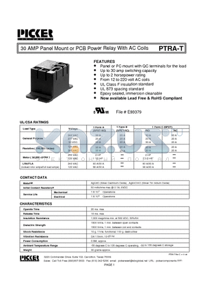 PTRA1ACT2-X datasheet - 30 AMP Panel Mount or PCB Power Relay With AC Coils