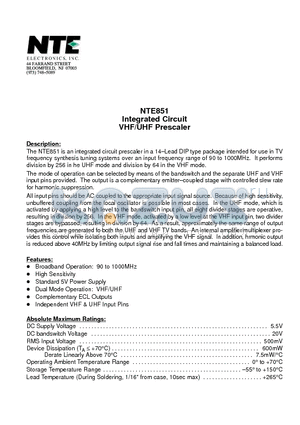 NTE851 datasheet - Integrated Circuit VHF/UHF Prescaler