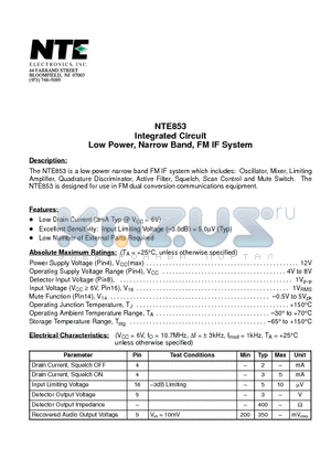 NTE853 datasheet - Integrated Circuit Low Power, Narrow Band, FM IF System