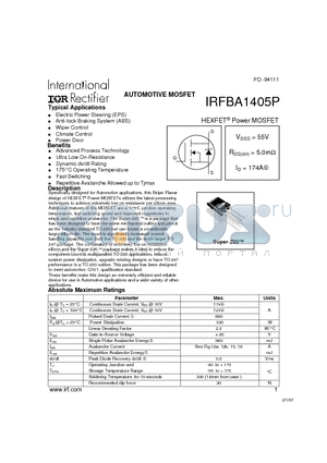 IRFBA1405 datasheet - Power MOSFET(Vdss=55V, Rds(on)=5.0mohm, Id=174A)
