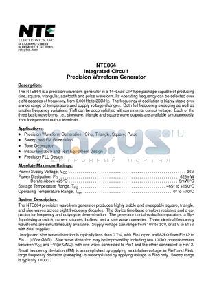 NTE864 datasheet - Integrated Circuit Precision Waveform Generator