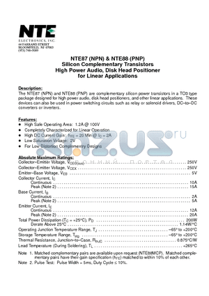 NTE87 datasheet - Silicon Complementary Transistors High Power Audio, Disk Head Positioner for Linear Applications