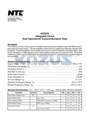 NTE870 datasheet - Integrated Circuit Dual Operational Transconductance Amp