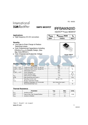 IRFBA90N20D datasheet - Power MOSFET(Vdss=200V, Rds(on)max=0.023ohm, Id=98A)