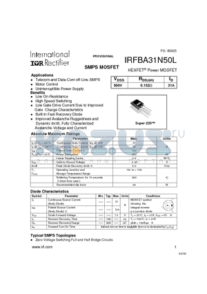 IRFBA31N50L datasheet - HEXFET Power MOSFET