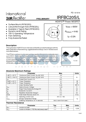 IRFBC20S datasheet - Power MOSFET(Vdss=600V, Rds(on)=4.4ohm, Id=2.2A)