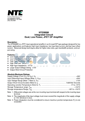 NTE889 datasheet - Integrated Circuit Dual, Low Power, JFET OP Amplifier