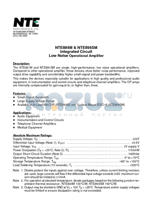 NTE894 datasheet - Integrated Circuit Low Noise Operational Amplifier