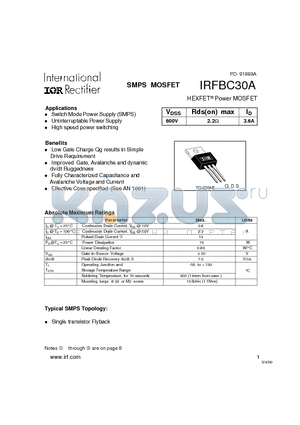 IRFBC30A datasheet - Power MOSFET(Vdss=600V, Rds(on)max=2.2ohm, Id=3.6A)