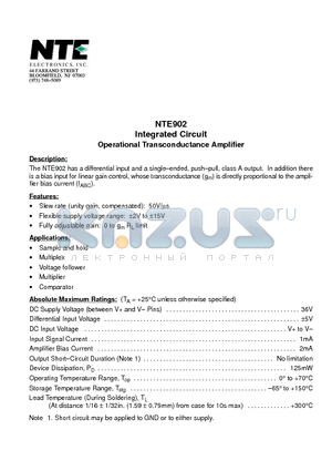 NTE902 datasheet - Integrated Circuit Operational Transconductance Amplifier