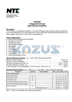 NTE903 datasheet - Integrated Circuit Operational Amplifier