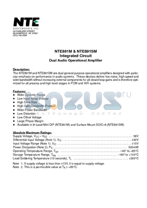 NTE891 datasheet - Integrated Circuit Dual Audio Operational Amplifier