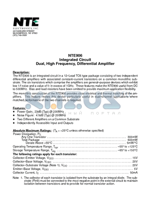 NTE906 datasheet - Integrated Circuit Dual, High Frequency, Differential Amplifier