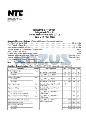 NTE9094 datasheet - Integrated Circuit Diode Transistor Logic (DTL) Dual J-K Flip-Flop