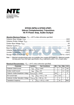 NTE92 datasheet - Silicon Complementary Transistors Hi-Fi Power Amp, Audio Ourtput