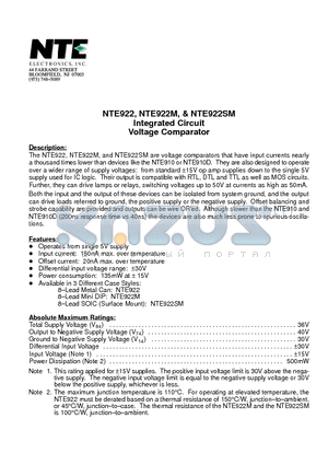 NTE922 datasheet - Integrated Circuit Voltage Comparator