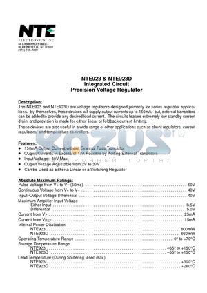 NTE923 datasheet - Integrated Circuit Precision Voltage Regulator