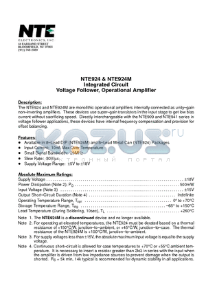 NTE924 datasheet - Integrated Circuit Voltage Follower, Operational Amplifier