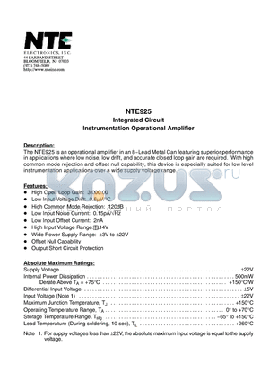 NTE925 datasheet - Integrated Circuit Dual Audio Preamp w/ ALC