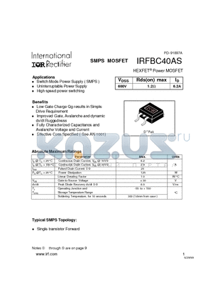 IRFBC40AS datasheet - Power MOSFET(Vdss=600V, Rds(on)max=1.2ohm, Id=6.2A)