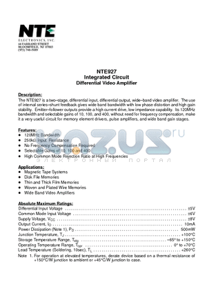 NTE927 datasheet - Integrated Circuit Differential Video Amplifier