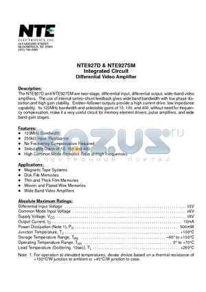 NTE927D datasheet - Integrated Circuit Differential Video Amplifier