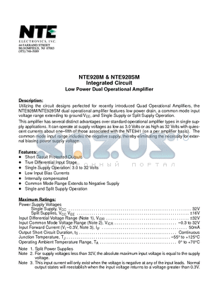 NTE928M datasheet - Integrated Circuit Low Power Dual Operational Amplifier