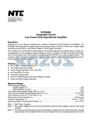 NTE928S datasheet - Integrated Circuit Low Power Dual Operational Amplifier