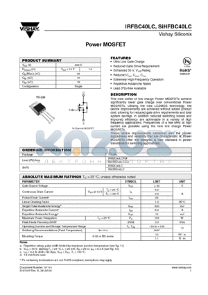 IRFBC40LCPBF datasheet - Power MOSFET