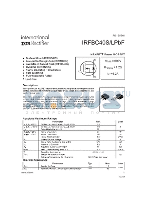 IRFBC40SPBF datasheet - HEXFET^ Power MOSFET