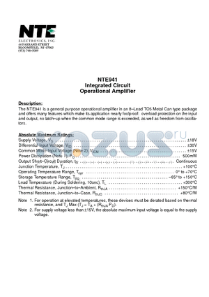 NTE941 datasheet - Integrated Circuit Operational Amplifier