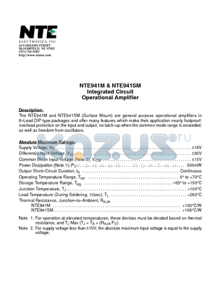 NTE941M datasheet - Integrated Circuit Operational Amplifier