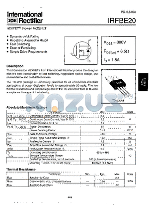 IRFBE20 datasheet - Power MOSFET(Vdss=800V, Rds(on)=6.5ohm, Id=1.8A)