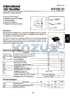 IRFBE30 datasheet - Power MOSFET(Vdss=800V, Rds(on)=3.0ohm, Id=4.1A)