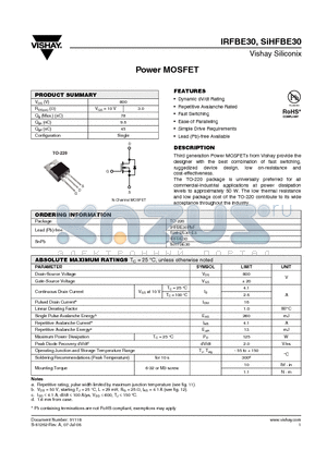 IRFBE30 datasheet - Power MOSFET