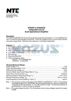 NTE947 datasheet - Integrated Circuit Dual Operational Amplifier