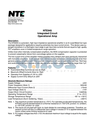 NTE945 datasheet - Integrated Circuit Operational Amp