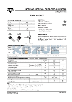 IRFBE30STRLPBF datasheet - Power MOSFET