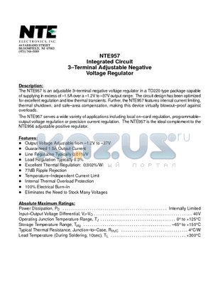 NTE957 datasheet - Integrated Circuit 3-Terminal Adjustable Negative Voltage Regulator