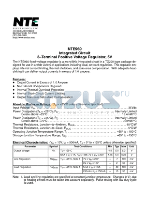 NTE960 datasheet - Integrated Circuit 3-Terminal Positive Voltage Regulator, 5V
