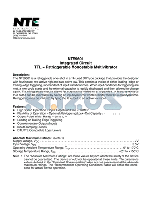 NTE9601 datasheet - Integrated Circuit TTL - Retriggerable Monostable Multivibrator