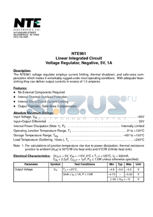 NTE961 datasheet - Linear Integrated Circuit Voltage Regulator, Negative, 5V, 1A